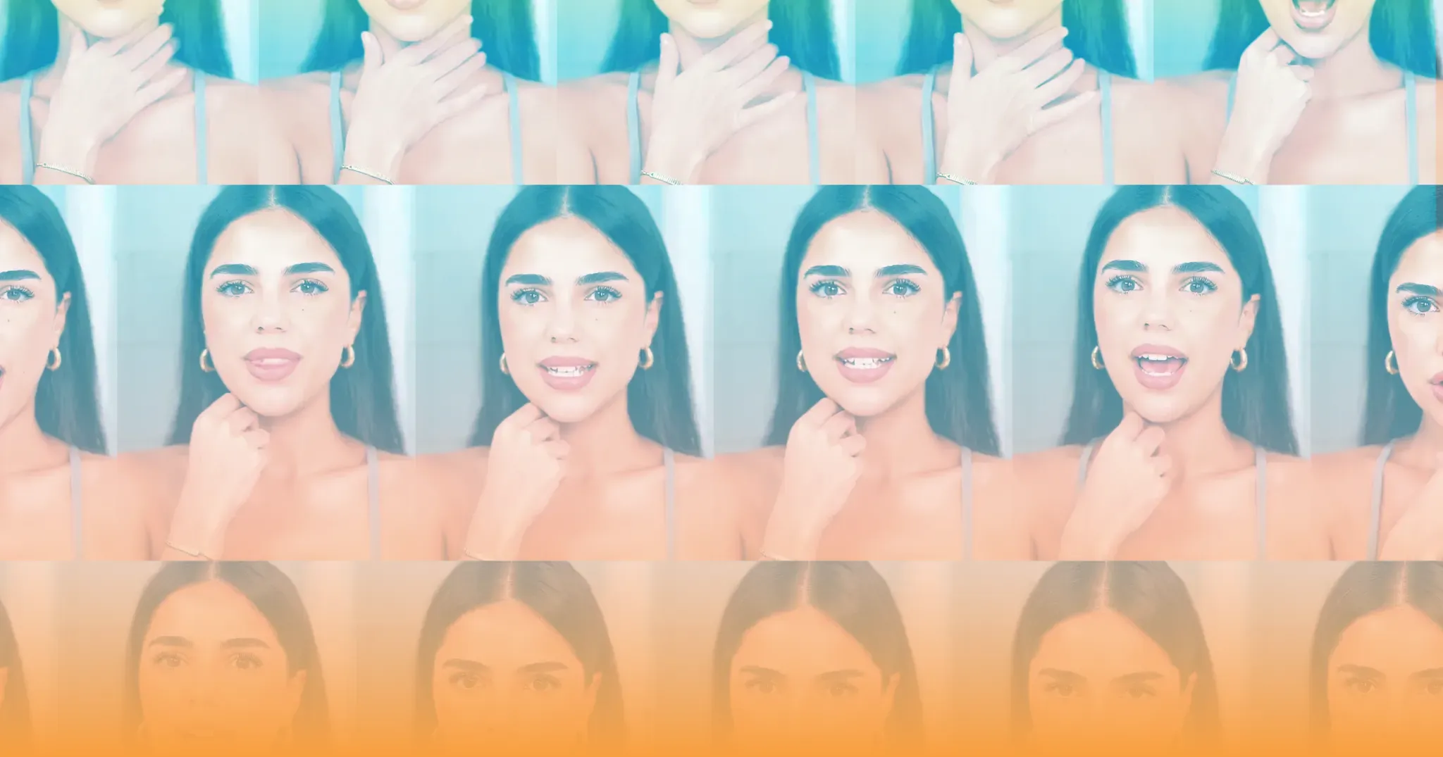 A sequence of portrait video frames in cool blue and warm orange light