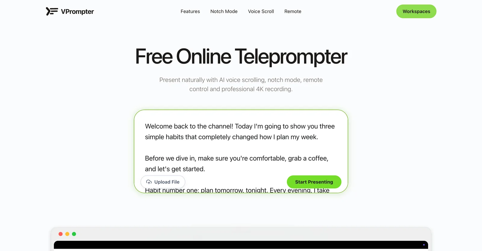 VTeleprompter home page with a script pasted into the script box, ready to start presenting