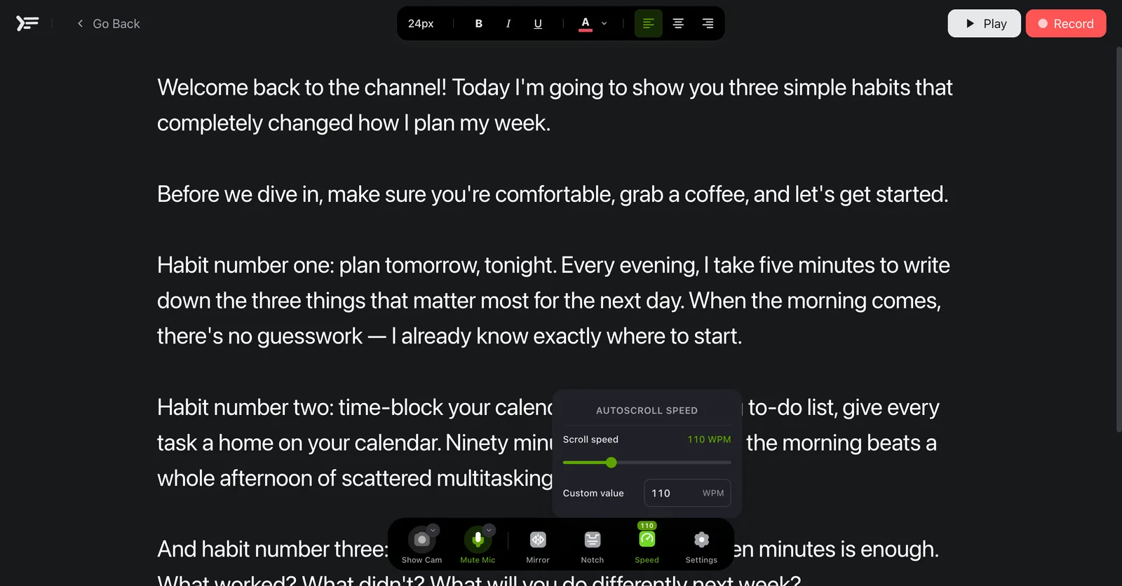 The autoscroll speed panel open in the teleprompter, with a slider set to 110 words per minute and a custom value field