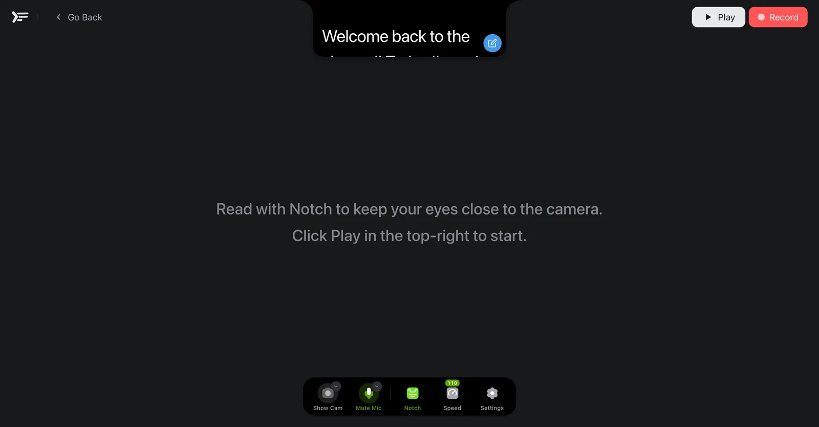 Notch Mode active in VTeleprompter, with a compact reading window at the top of the screen near the camera and the rest of the screen dimmed