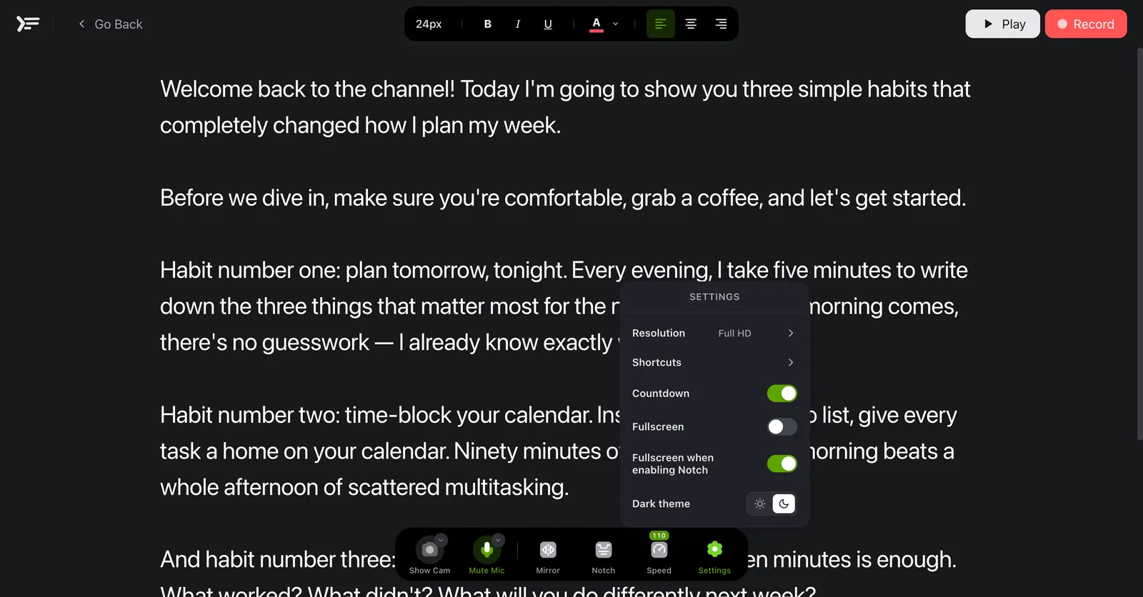 The VTeleprompter settings panel showing resolution set to Full HD, plus countdown, fullscreen and dark theme options