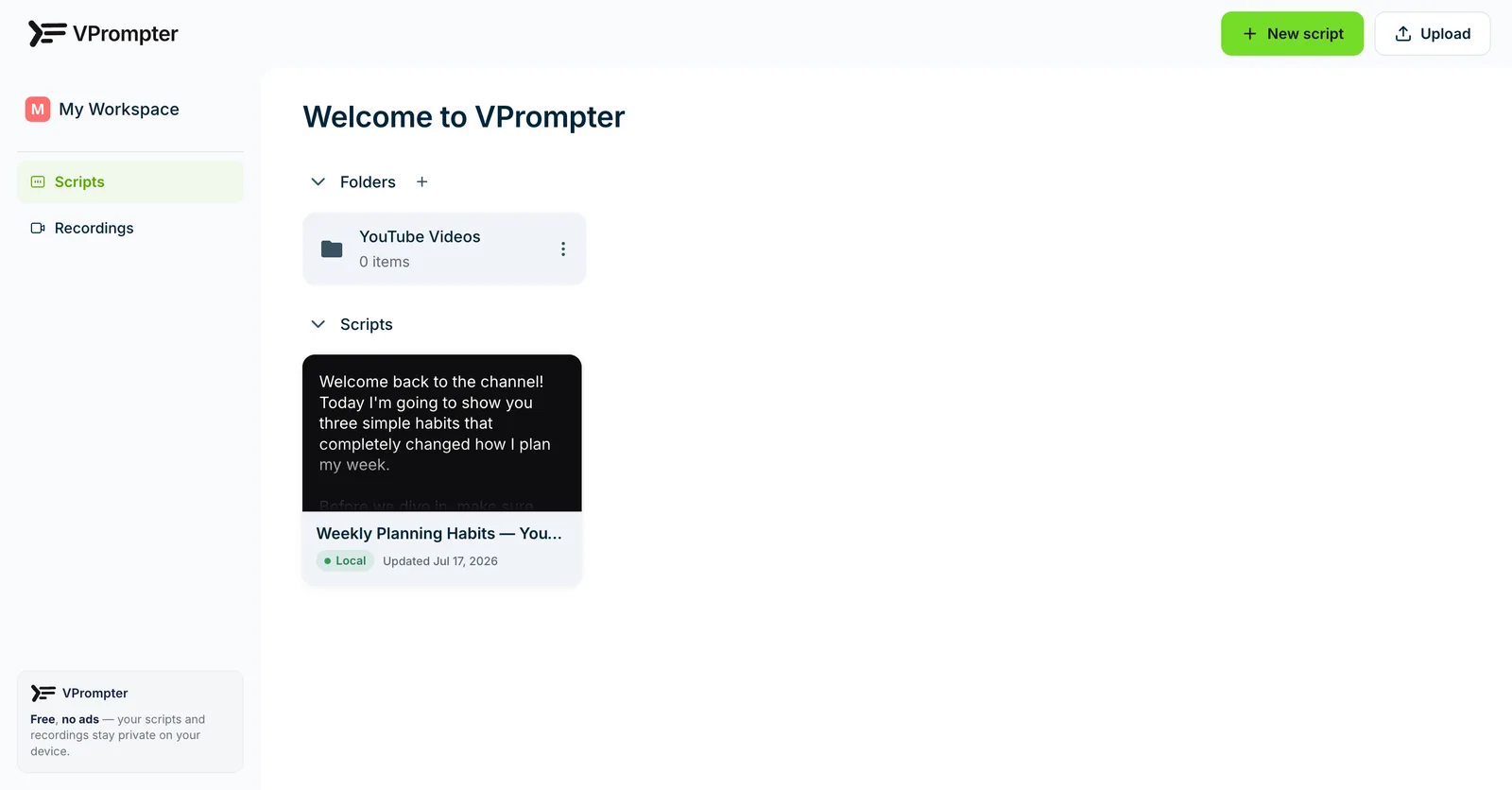The VTeleprompter workspace with a YouTube Videos folder and a saved script card showing a preview of its opening lines